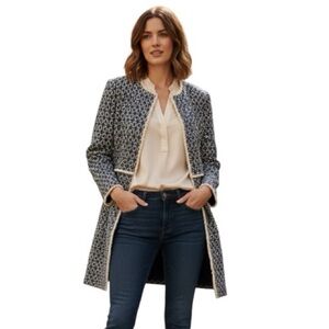 Zara Jacket,  3/4 Sleeves, open front, blue print, Ivory trim, size S, gorgeous